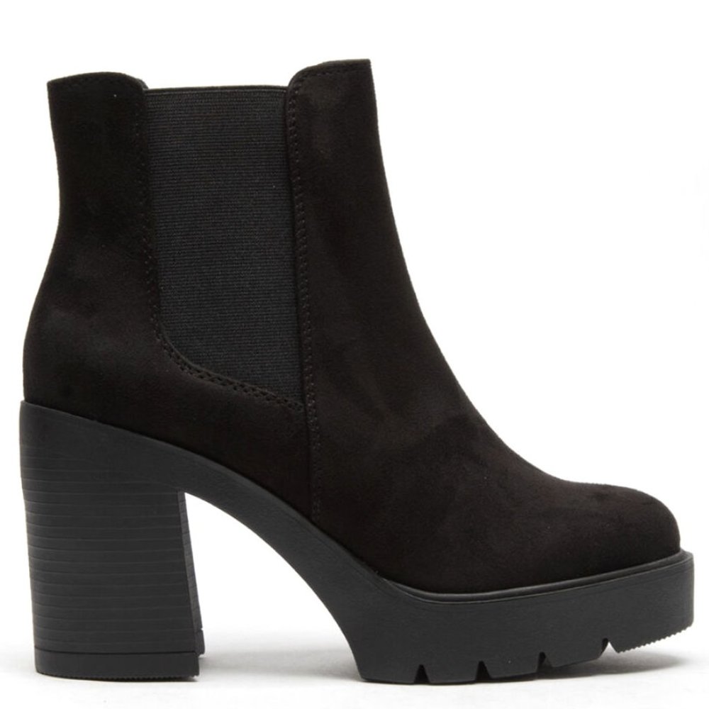 Black Faux Suede Chelsea Elastic Platform Chunky Heel Ankle Boots Booties